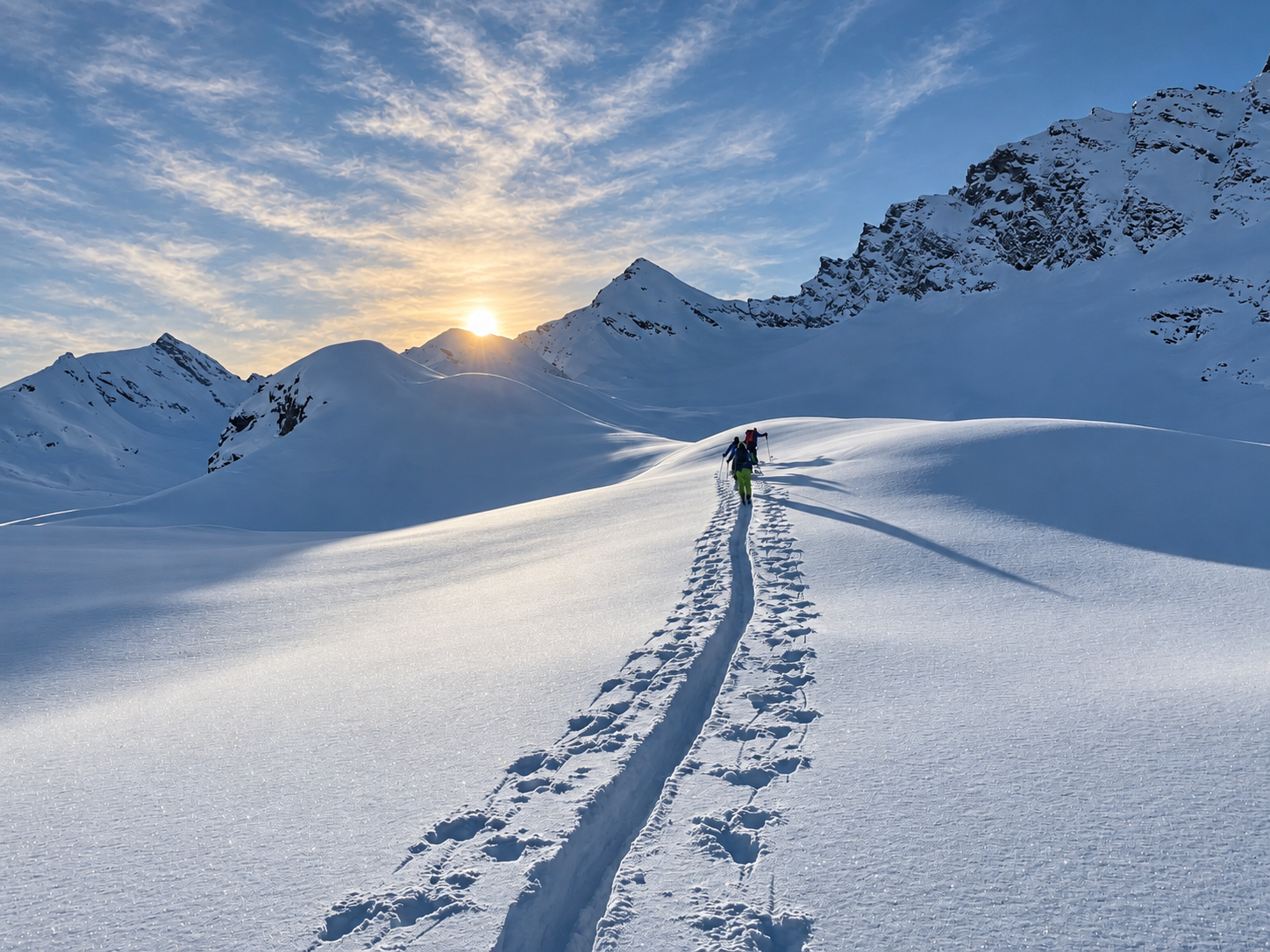 Skitourengeher im Aufstieg zum Eisseekögele bei Sonnenaufgang