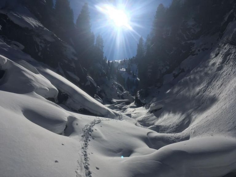 Snow-covered Gurgler Gorge on the Schönwieskopf ski tour